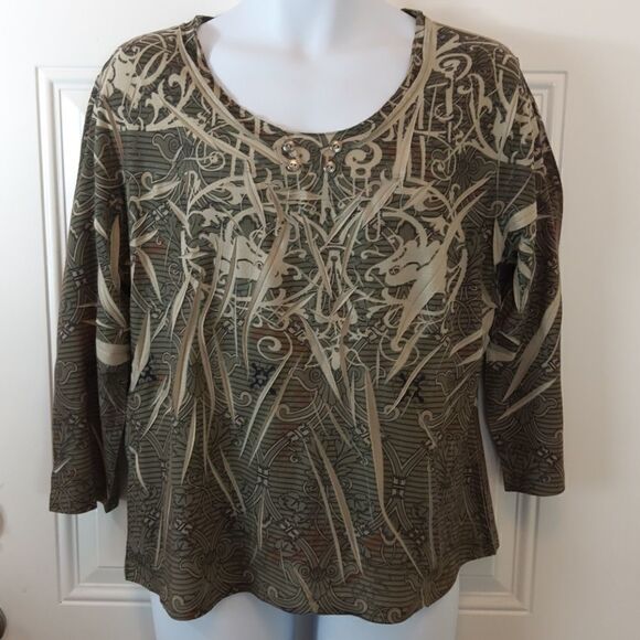 Equation olive green printed 3/4 sleeve blouse - Picture 1 of 9